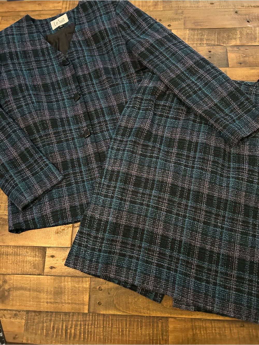 Le Suit Teal and Purple Plaid Skirt Suit
